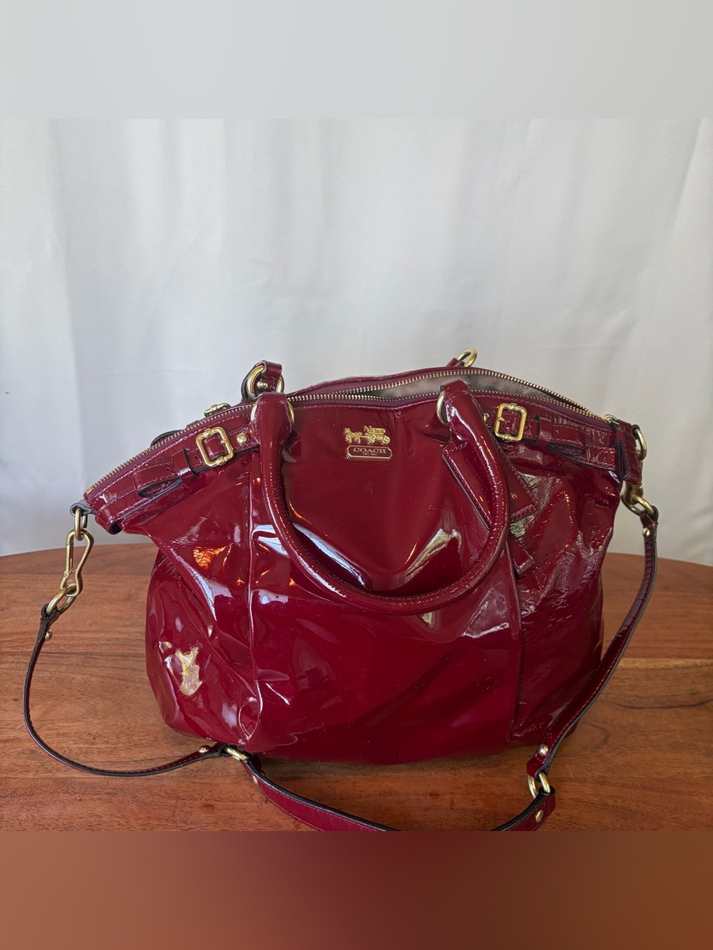 Coach Madison Lindsey Satchel Handbag - Burgundy Patent Leather